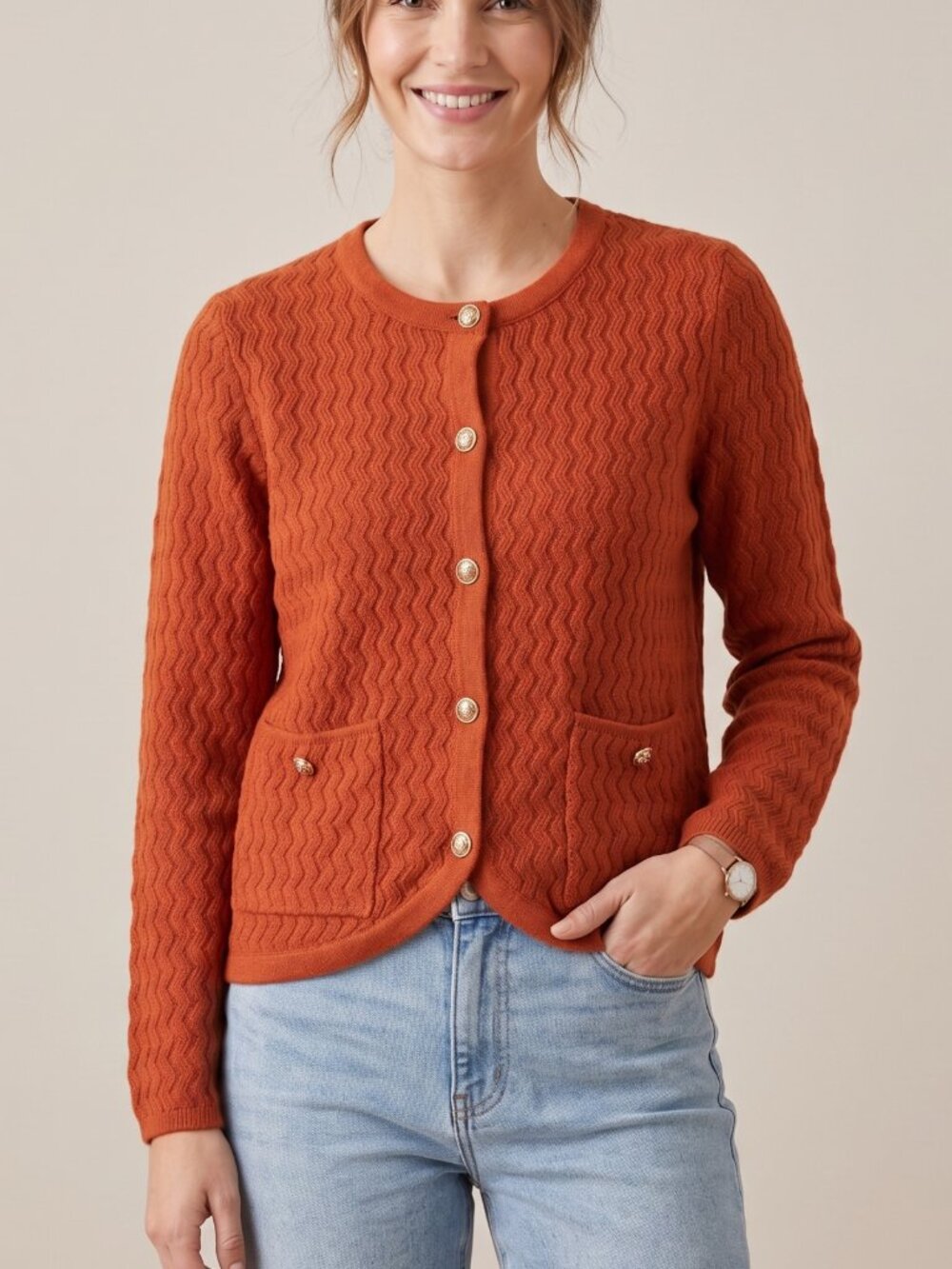 NWT Caracilia Rusty Orange Gold Button Knit Cardigan Sweater Pockets Medium